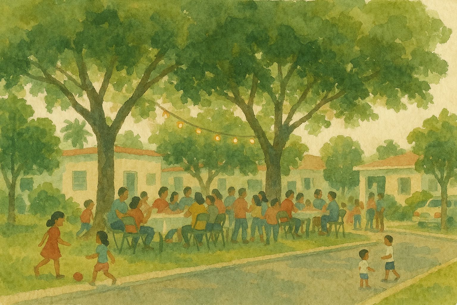 Ilustración: vecinos de Baldrich reunidos bajo los árboles